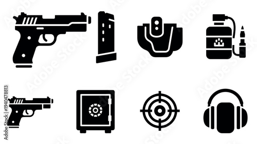 Firearm icons: gun, ammo, safe, target, holster, military gear, headset