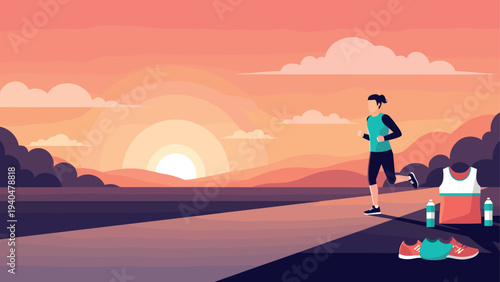 Sunset jogging: woman running in scenic landscape with fitness gear