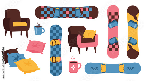 Cozy winter vibes with snowboards, coffee, and warm cushions in flat design