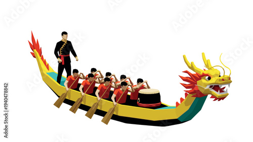 Low poly dragon boat race with drummer and rowers in red uniforms