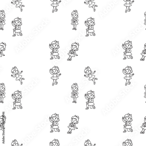 seamless pattern of girls dancing in costumes with ballet poses musical notes and movement lines in soft sketch style