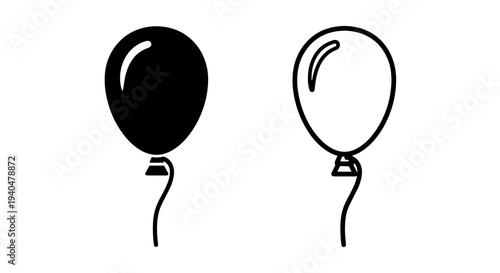 Two balloon icons, filled and outline, with curly strings