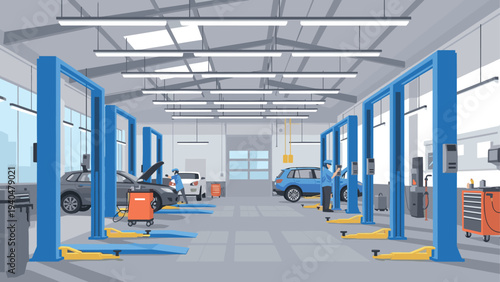 Modern auto repair workshop with car lifts and technicians in flat design