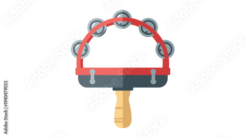 Flat design tambourine with wooden handle and red frame on white background