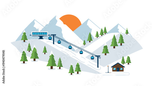 Mountain sunrise ski resort with cable cars and evergreen trees in flat design