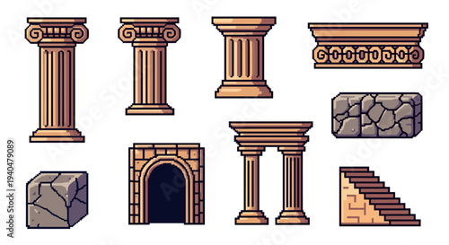 Set of pixel art ancient architecture elements: columns, steps, arches