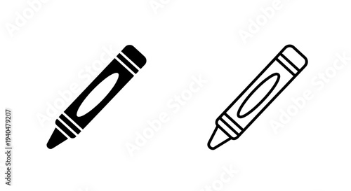 Tilted crayon icon - black flat and outline vector illustration for art and kids