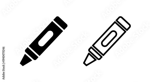 Tilted crayon icon - black flat and outline vector illustration for school supplies