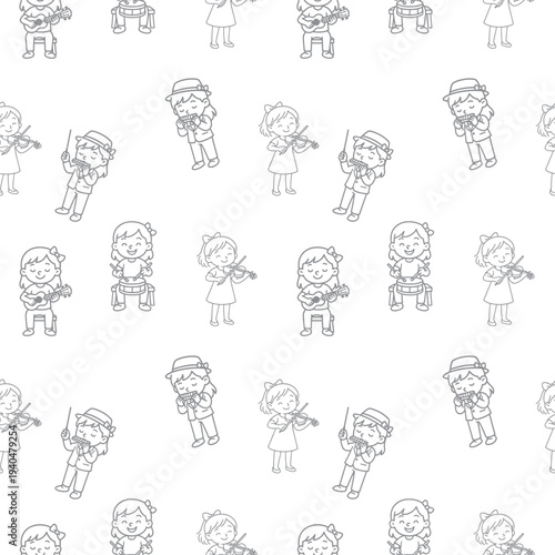 seamless repeating pattern of girls playing instruments singing and holding music notes in cute hand drawn icons