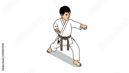 Young karate practitioner in action pose wearing a white gi and brown belt