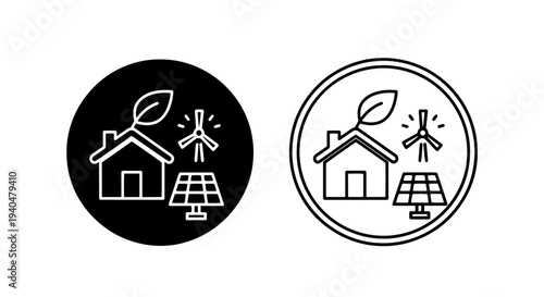Green energy house icon with solar panel and wind turbine - eco home symbol