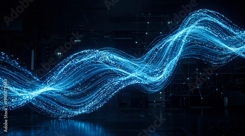 Wallpaper Mural Intense blue fiber optic strands illustrate a fast-moving data transmission across a futuristic, metallic hall with floor. Torontodigital.ca