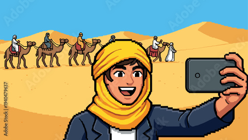Pixel art desert adventure: man taking selfie with caravan in the background