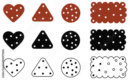 Biscuit and cracker icon set in color, black silhouette, and outline style. Variety of sweet biscuit and crunchy cracker symbols isolated for bakery logo creation, product packaging, food menu design,