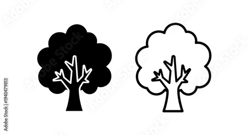Black and outline tree icons for nature, environment, and ecology designs