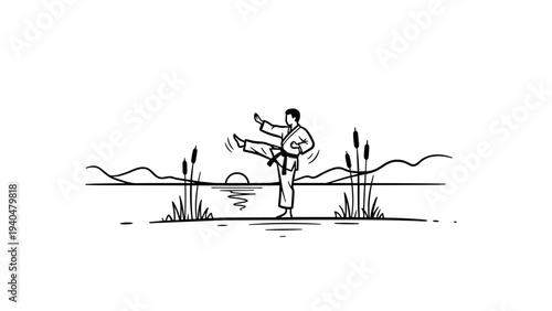 Martial artist practicing karate kicks at tranquil lakeside