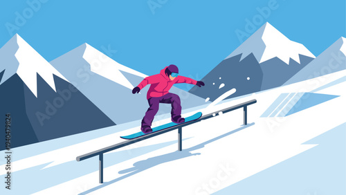 Snowboarder grinding rail on sunny mountain day in vibrant colors