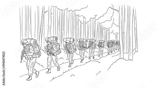 Soldiers marching in forest path: black and white line art