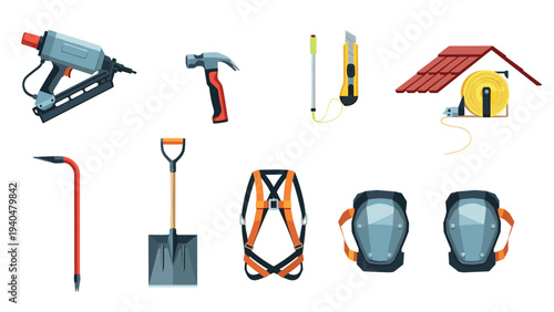 Construction tools and safety gear collection for home improvement and building projects