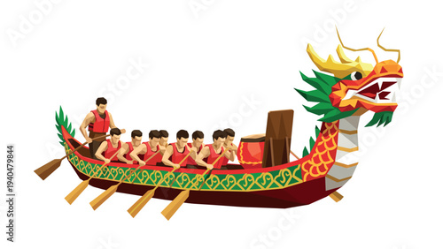 Low poly dragon boat with paddlers: traditional racing in colorful geometric style