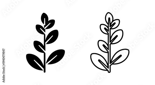 Black and outline plant stem with leaves icons for nature and growth concepts