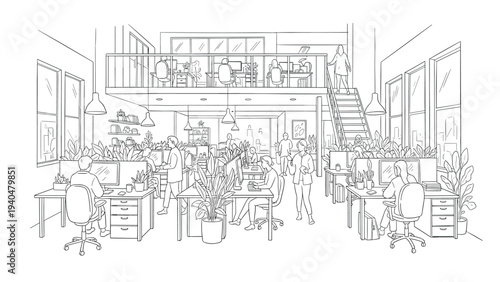 Modern office workspace with people engaged in activities in a linear stylish setting