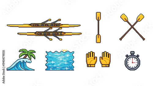 Pixel art rowing equipment and nature icons set