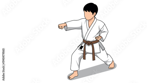 Karate enthusiast in brown belt posing in traditional white uniform