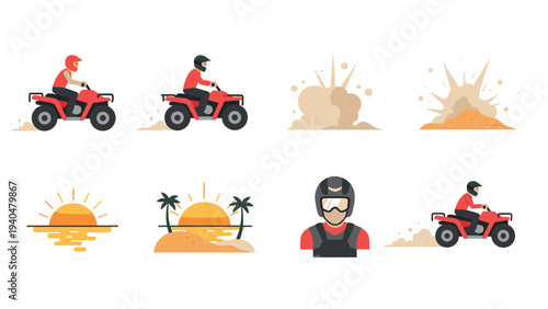 Quad bike adventure icons with explosions and sunset elements
