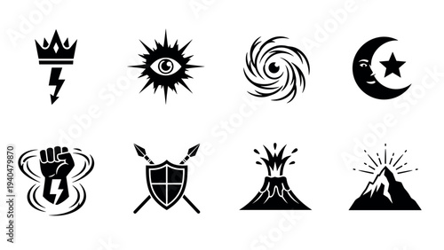 Minimalist black and white icon set featuring fantasy and nature themes