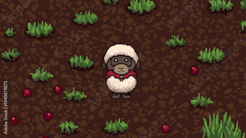 Cute pixel art lamb in a pastoral field setting with grass and berries