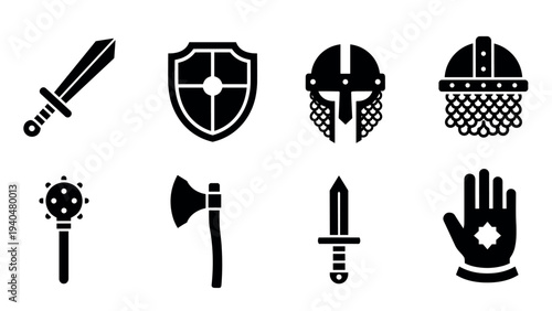 Flat medieval weaponry and armor icons set for historical designs