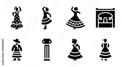 Traditional flamenco dance icons featuring dancers, dress styles, and cultural elements