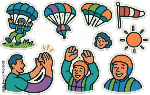 Colorful parachuting adventure stickers with cartoon characters and parachute icons
