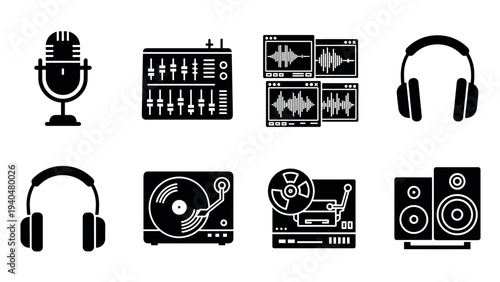 Audio equipment icons: microphone, mixer, headphones, turntable, speakers