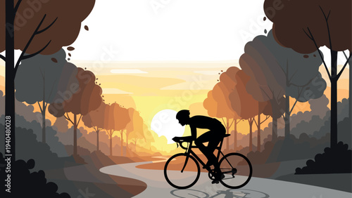 Silhouette of cyclist at sunrise on serene woodland path