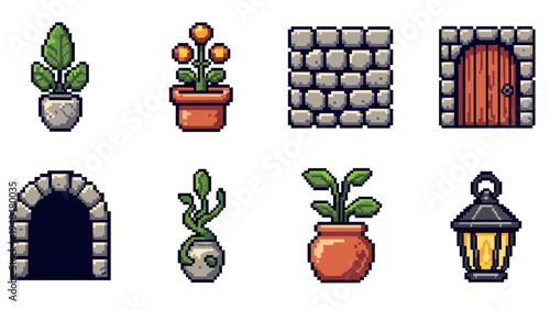 Retro pixel art garden elements: plants, pots, and stone structures