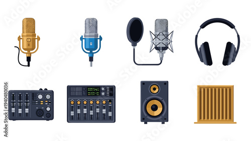 Audio equipment icons set: microphones, headphones, and studio gear