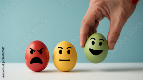 Hand holding smiling face emoticon egg among angry and neutral expressions