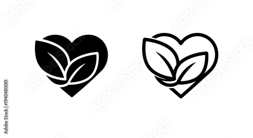 Heart with leaves icon, solid and outline, symbolizing love for nature, ecology, and welln
