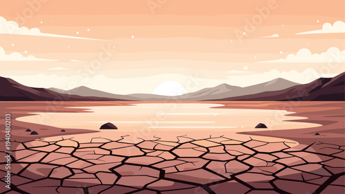 Flat desert landscape with cracked earth and mountains at sunrise