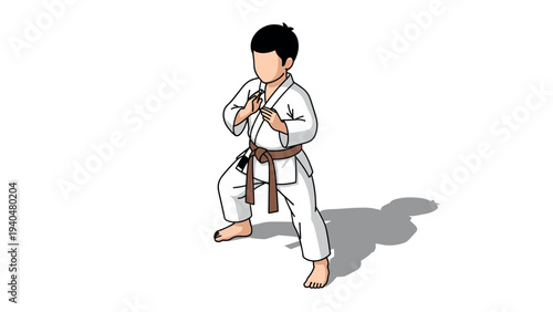 Karate practitioner in gi and brown belt performing martial arts pose