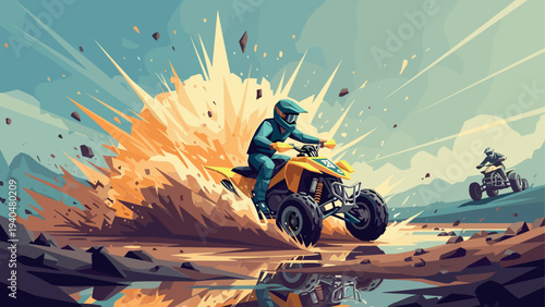 Dynamic off-road atv adventure with explosive terrain in vibrant stylized art