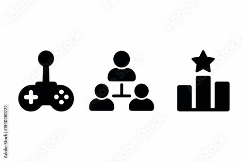 Simple gaming controller, team structure, and achievement icons in black silhouette