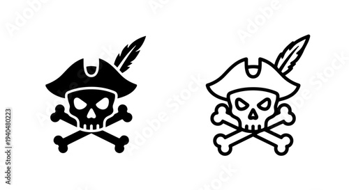 Pirate skull and crossbones icon with tricorn hat and feather graphic