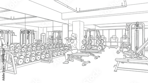 Modern gym interior with fitness equipment in detailed line art style
