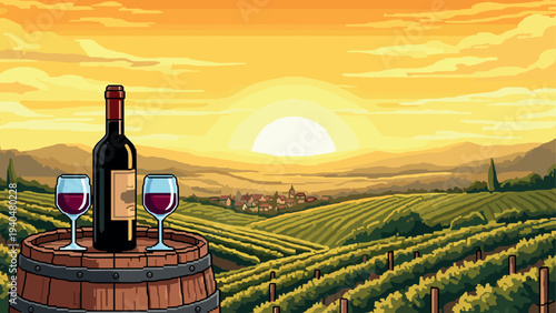 Tranquil sunset over vineyard with wine bottle and glasses in pixel art style