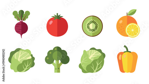Colorful flat icons of fresh fruits and vegetables