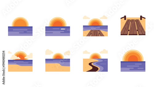 Set of flat sunset icons with wooden pier and ocean scenery