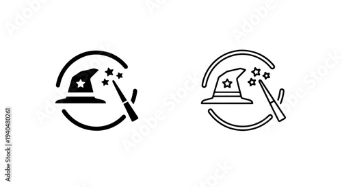 Magical wizard hat and wand icon within a circular design element